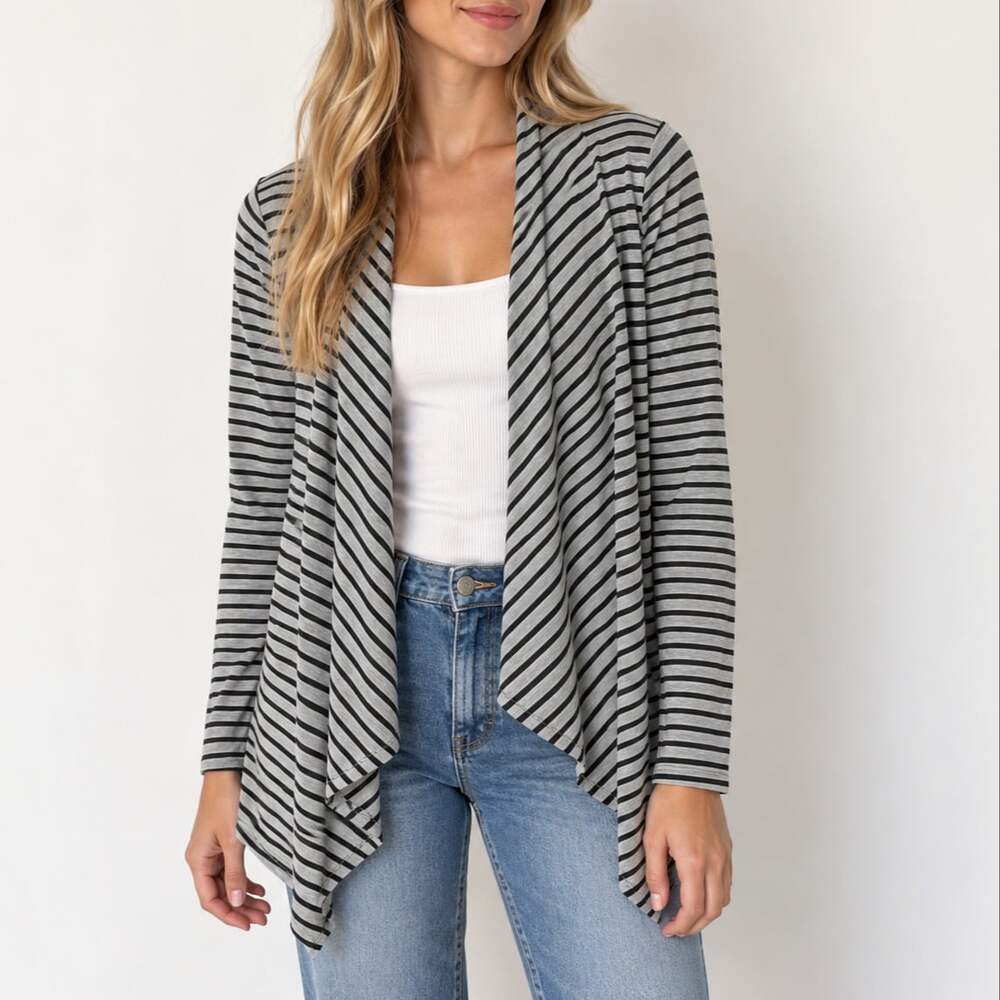 AB Studio Gray Black Striped Draped Open Front Cardigan Sweater